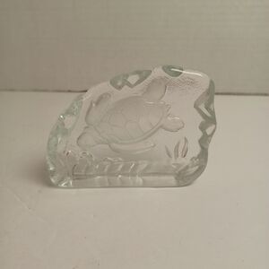 Clear‎ Art Glass Paperweight Solid Glass 3D Impressed Etched Frosted Sea Turtle
